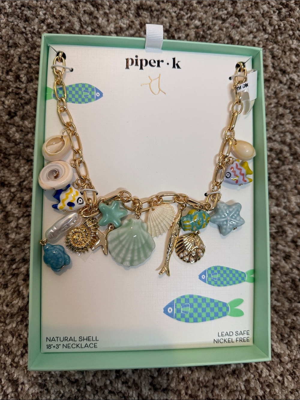 piper•k Gold Chain Multicolor Sea Shell Charm Necklace - Mint & Blue